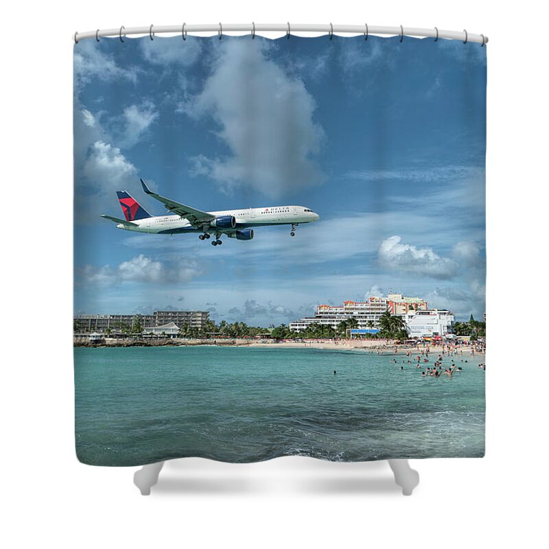 Delta Air Lines Shower Curtain featuring the photograph Delta 757 landing at St. Maarten by David Gleeson