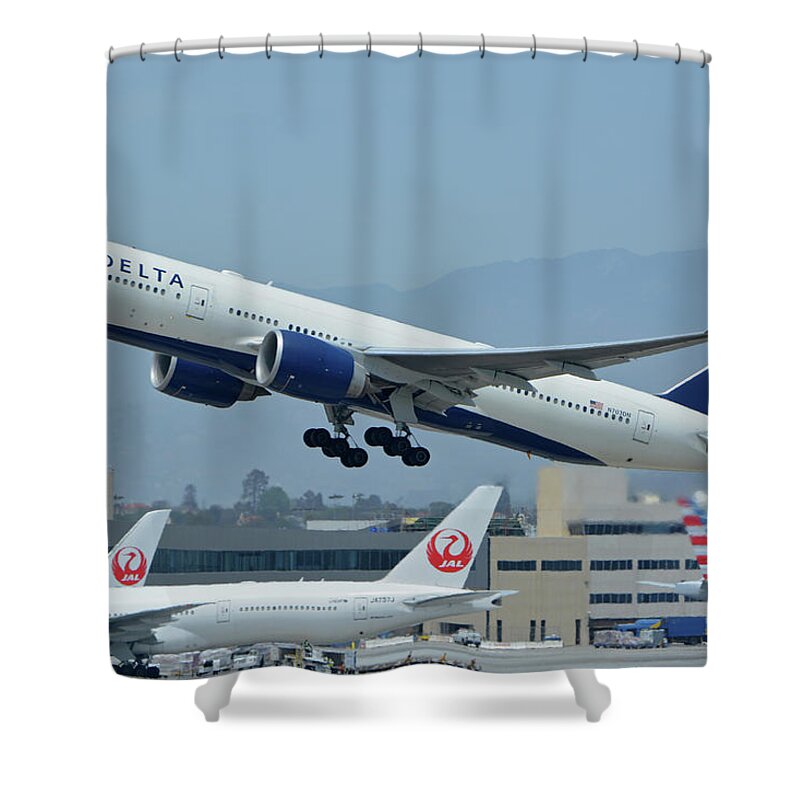 Airplane Shower Curtain featuring the photograph Delta Boeing 777-232LR N703DN Los Angeles International Airport May 3 2016 by Brian Lockett