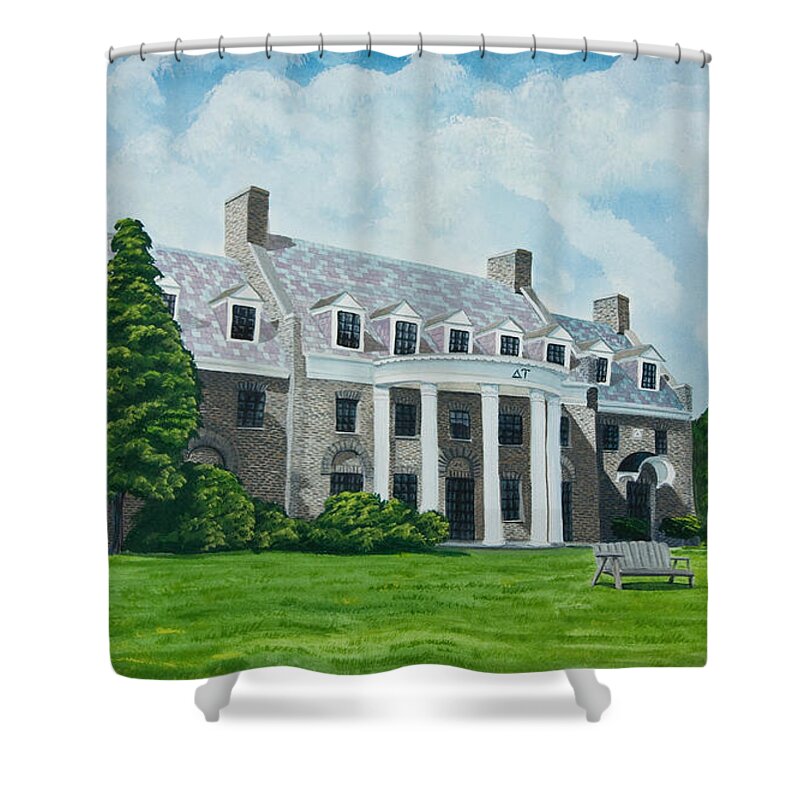 Colgate University History Shower Curtain featuring the painting Delta Upsilon by Charlotte Blanchard