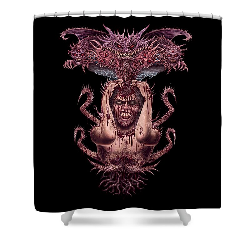 Migraine Headache Demon Possessed Angry Rage Airbrush Horror Fantasy Lovecraft Creature Monster Hellspawn Deadly Markcooperart Mindrape Coom Stress Bloody Gore Parasites Shower Curtain featuring the digital art Brainstorm by Mark Cooper