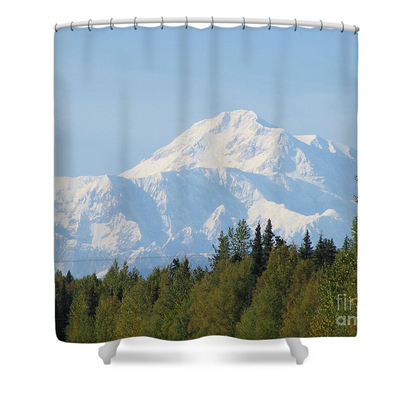 Denali Shower Curtain featuring the photograph Denali framed by trees by Anthony Trillo