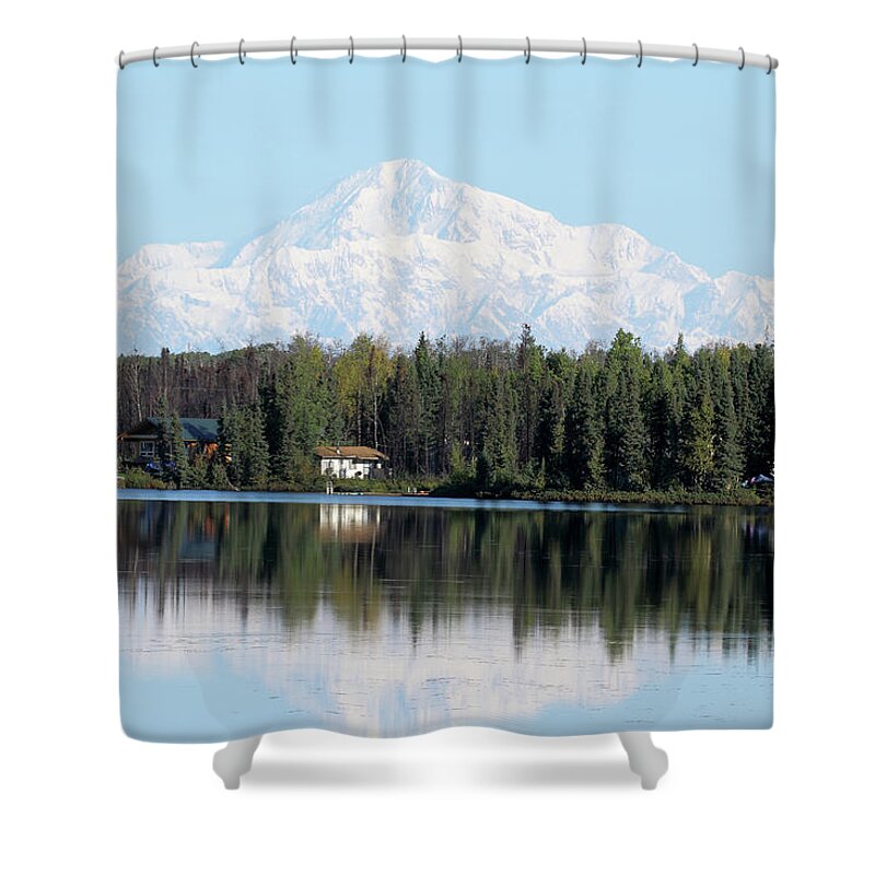 Kashwitna Lake Shower Curtain featuring the photograph Denali From Kashwitna Lake by Steve Wolfe