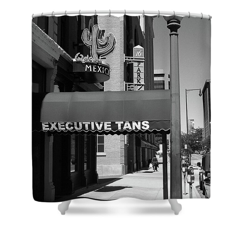 16th Shower Curtain featuring the photograph Denver Downtown Storefront BW by Frank Romeo