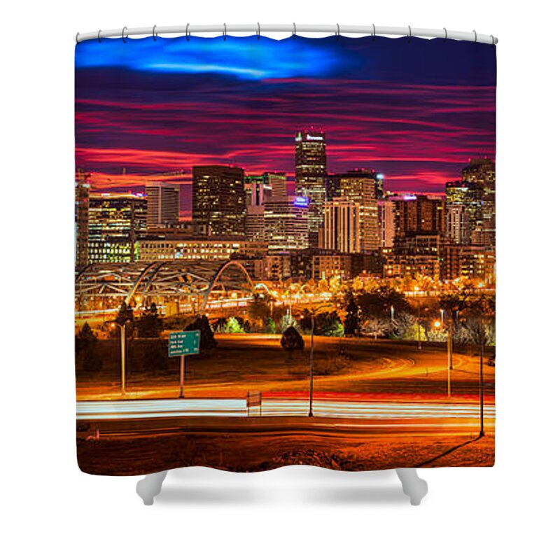 Denver Shower Curtain featuring the photograph Denver Skyline Sunrise by Darren White