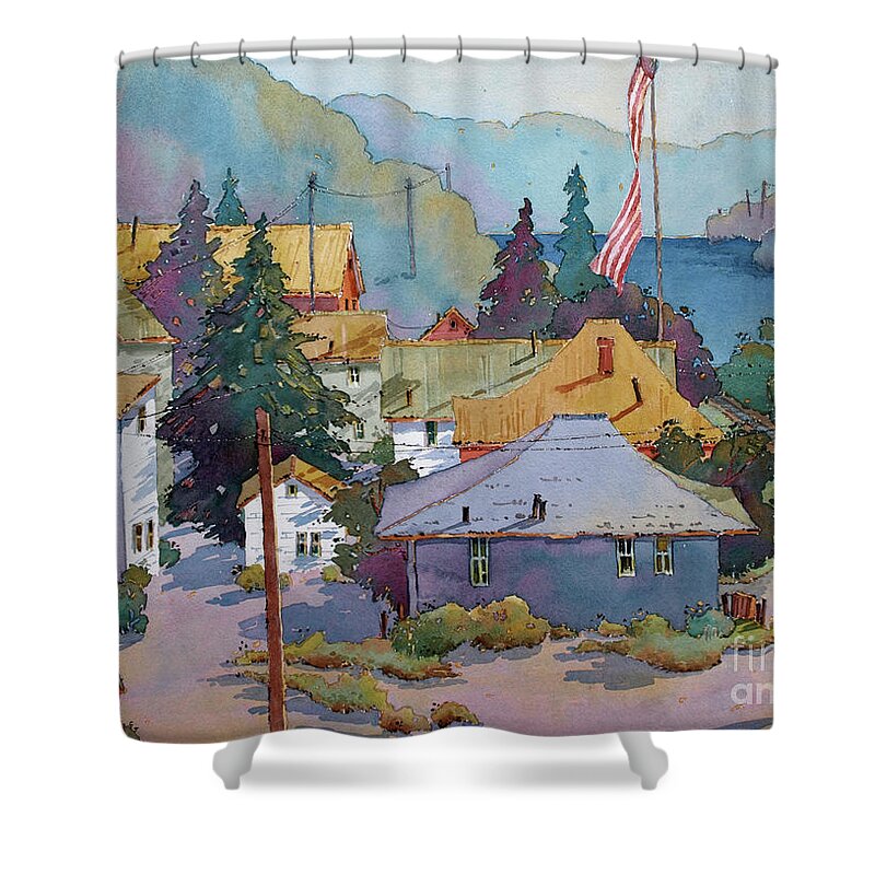 Train Shower Curtain featuring the painting Depot by the River by Joyce Hicks