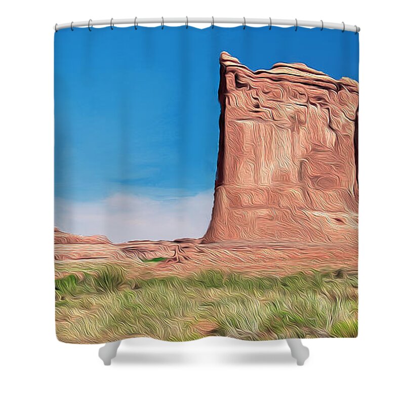 Desert Shower Curtain featuring the mixed media desert Butte by Walter Colvin