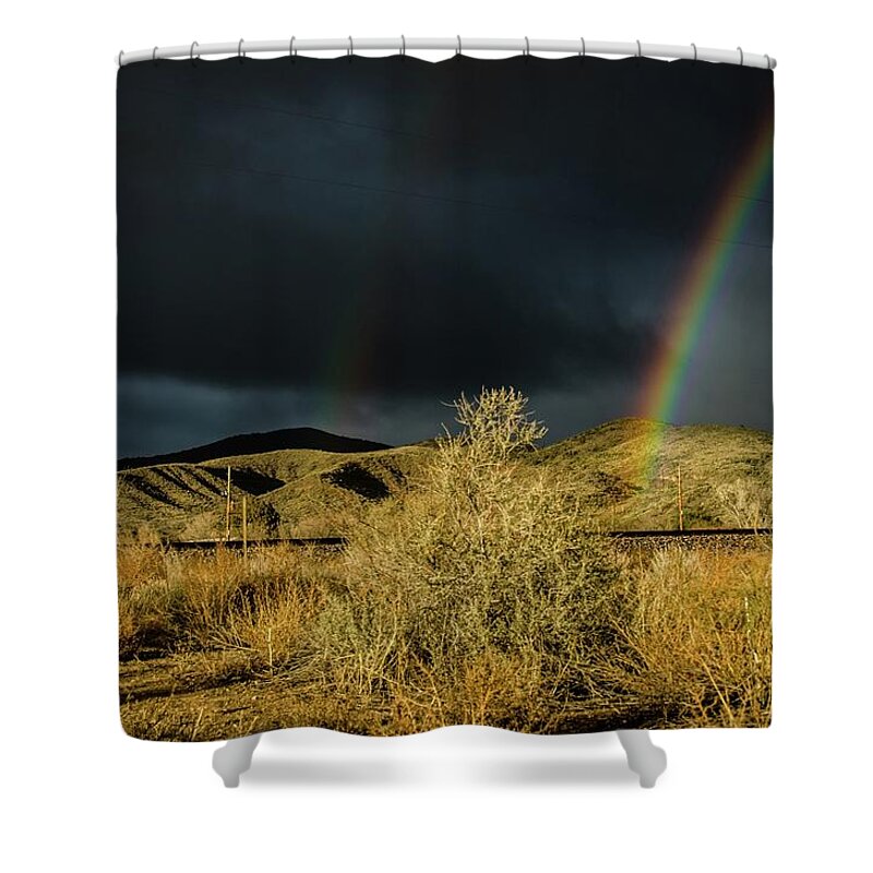 Double Shower Curtain featuring the photograph Desert double rainbow by Gaelyn Olmsted