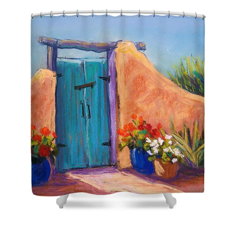 Landscape Shower Curtain featuring the pastel Desert Gate by Candy Mayer