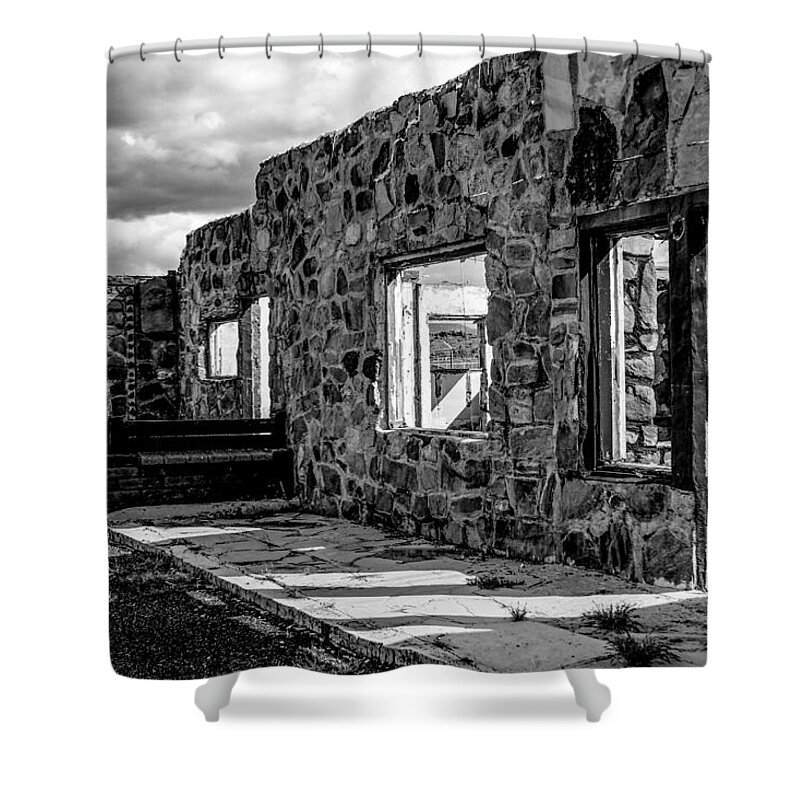 Bonnie Follett Shower Curtain featuring the photograph Desert Lodge BW by Bonnie Follett
