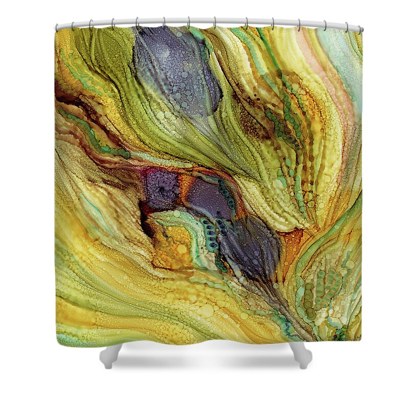 Desert Colors Mystery Sepia Turquoise Arizona Tucson Santa Fe Brown Eggplant Abstract Shower Curtain featuring the painting Desert Mysteries by Brenda Salamone