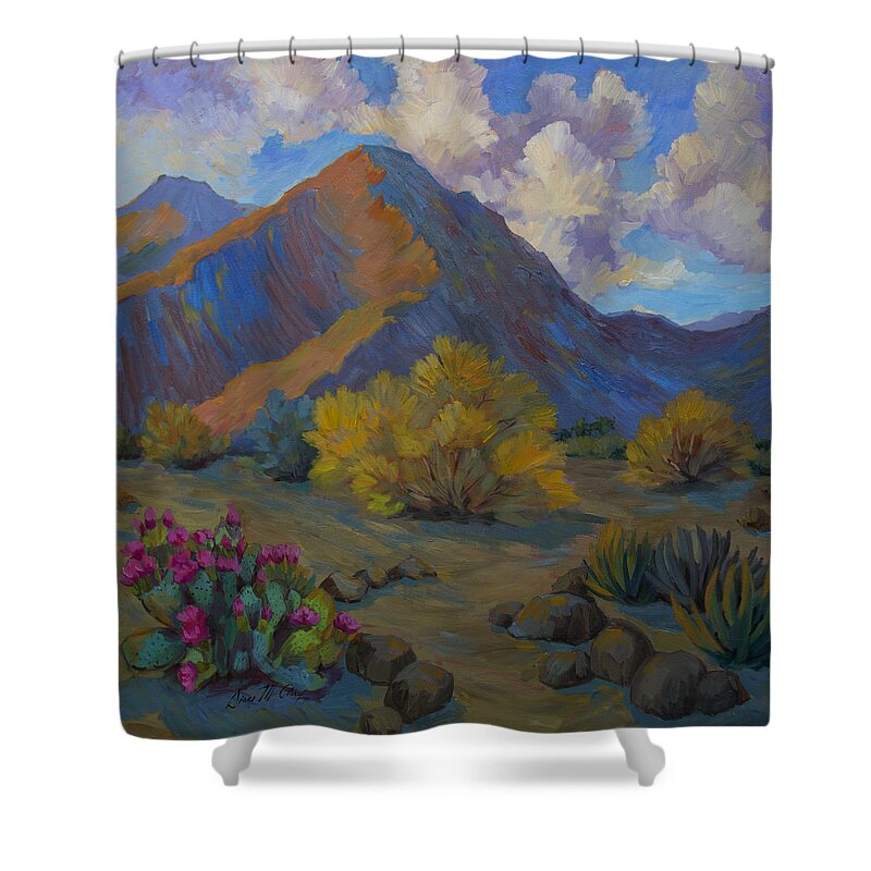 La Quinta Shower Curtain featuring the painting Desert Palo Verde and Beavertail Cactus by Diane McClary