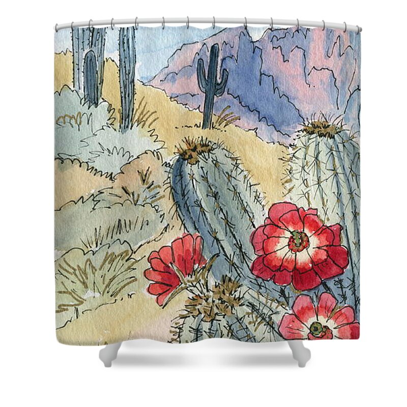 Desert Shower Curtain featuring the painting Desert Scene One Ink and Watercolor by Marilyn Smith