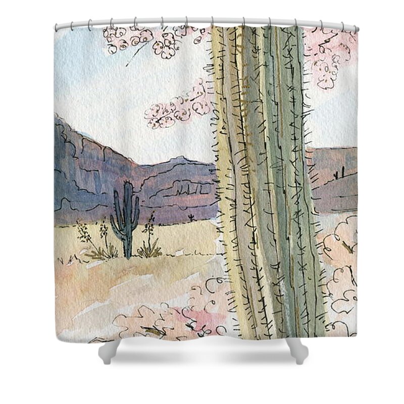 Desert Shower Curtain featuring the painting Desert Scene Two Ink and Watercolor by Marilyn Smith