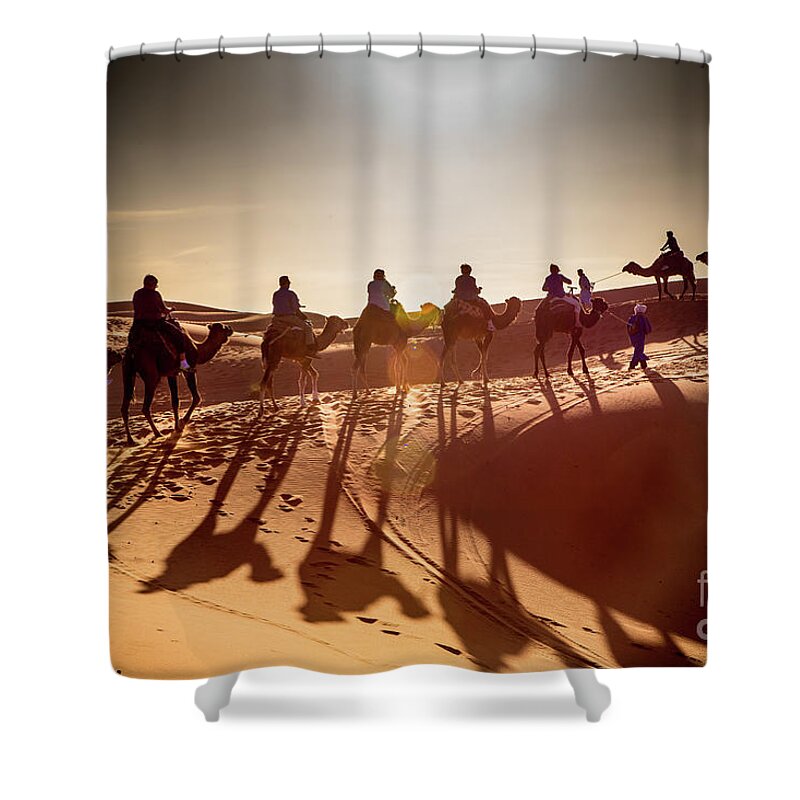 Morocco Shower Curtain featuring the photograph Desert Shadow Caravan by Rene Triay FineArt Photos