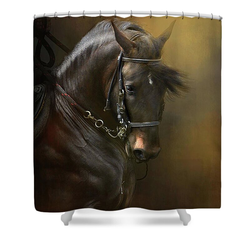 Horse Shower Curtain featuring the photograph Desparate' in Gold by Kathy Russell