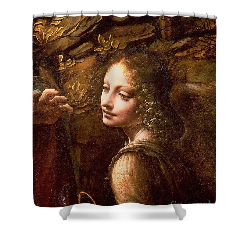 Leonardo Da Vinci Shower Curtain featuring the painting Detail of the Angel from The Virgin of the Rocks by Leonardo Da Vinci