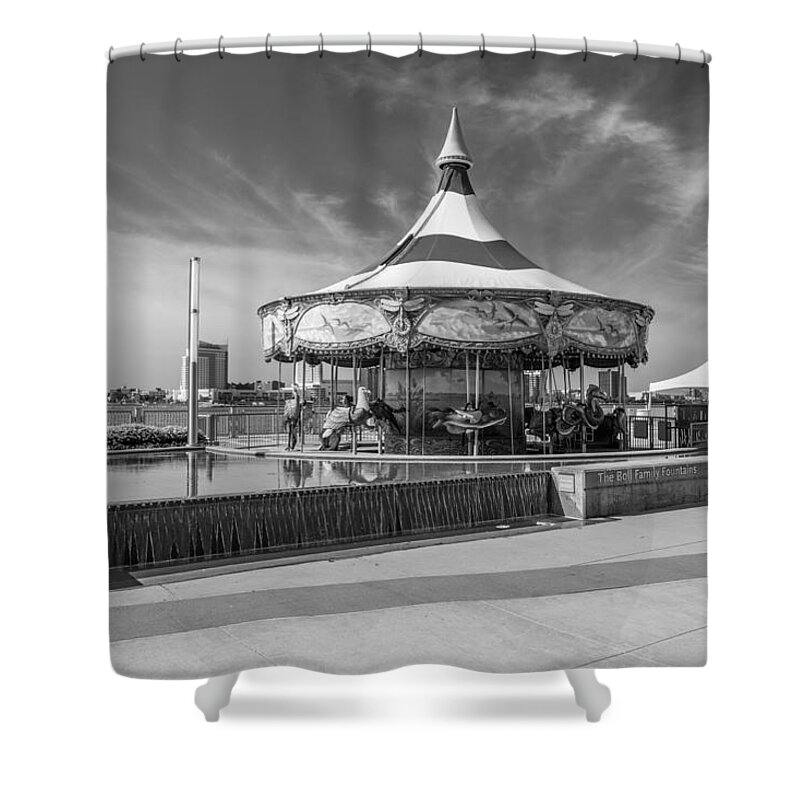 Detroit Riverfront Shower Curtain featuring the photograph Detroit carousel Black and White by John McGraw