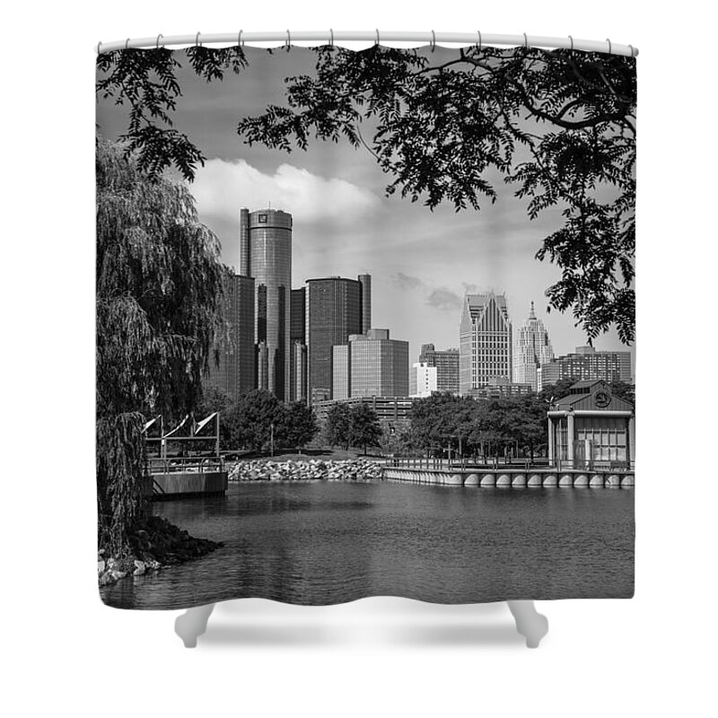 Detroit Riverfront Shower Curtain featuring the photograph Detroit Skyline and Marina Black and White by John McGraw