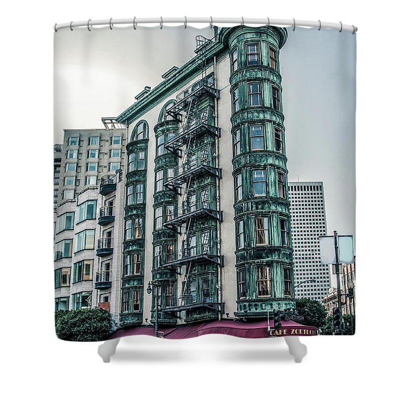 Buildings Shower Curtain featuring the photograph Dez 2016. San Francisco, USA - Old copper-green Columbus tower o by Amanda Mohler