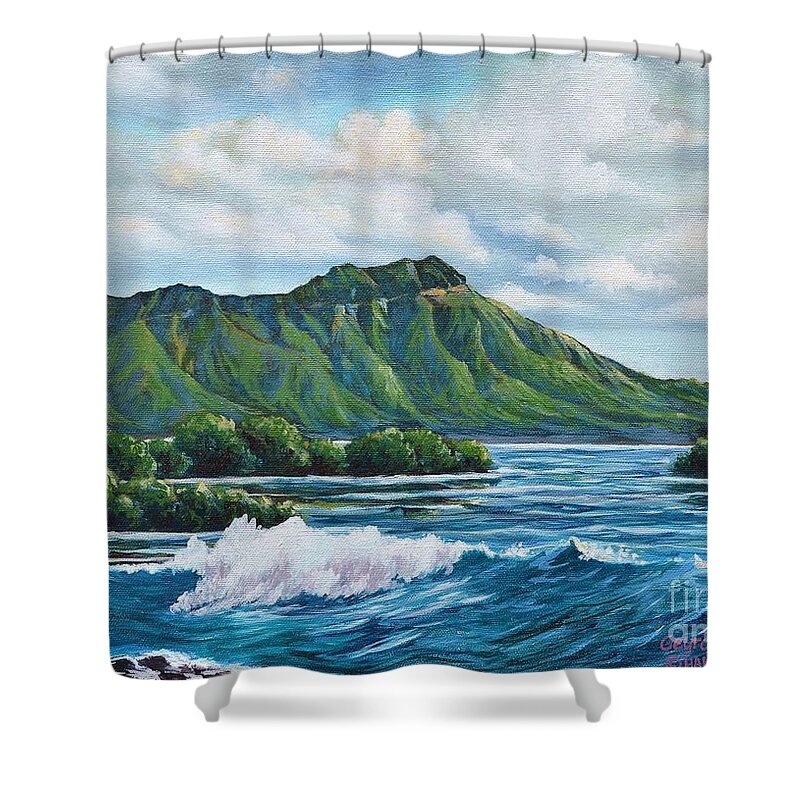 Surf Shower Curtain featuring the painting Diamond Head by Larry Geyrozaga