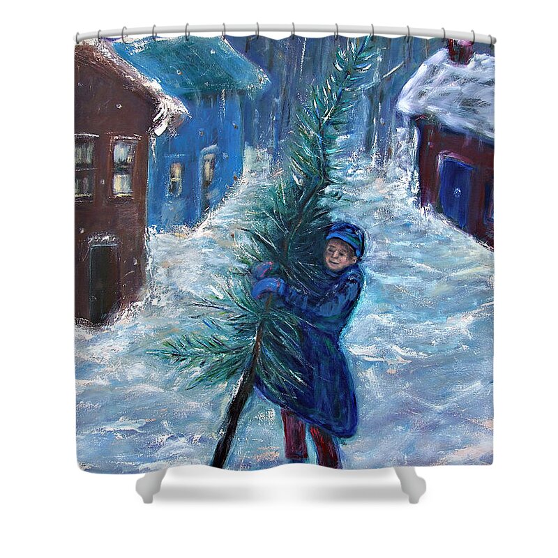 Katt Yanda Original Art Winter Snow Village Town Landscape Oil Painting Canvas Little Boy Holding Christmas Tree Shower Curtain featuring the painting Dickens Tale by Katt Yanda
