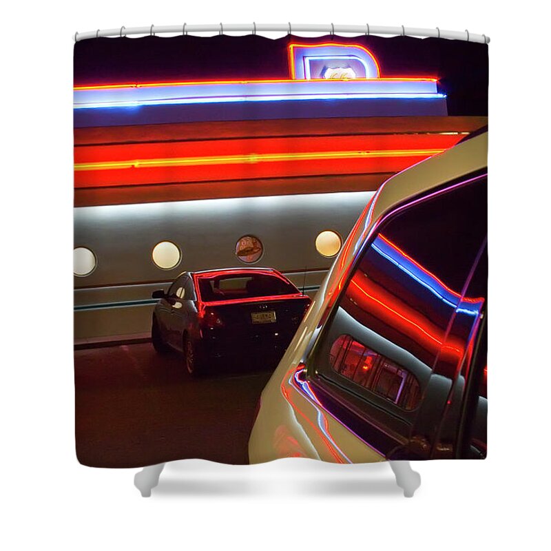 Night Shower Curtain featuring the photograph Diner 66 by Micah Offman