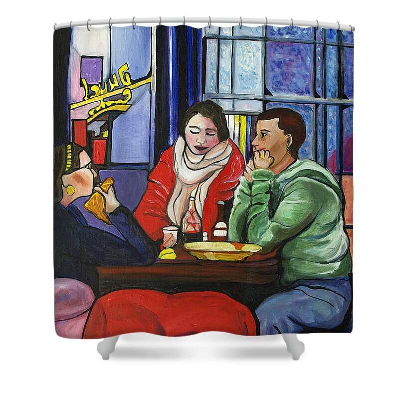People Shower Curtain featuring the painting Dinner in Dam by Patricia Arroyo