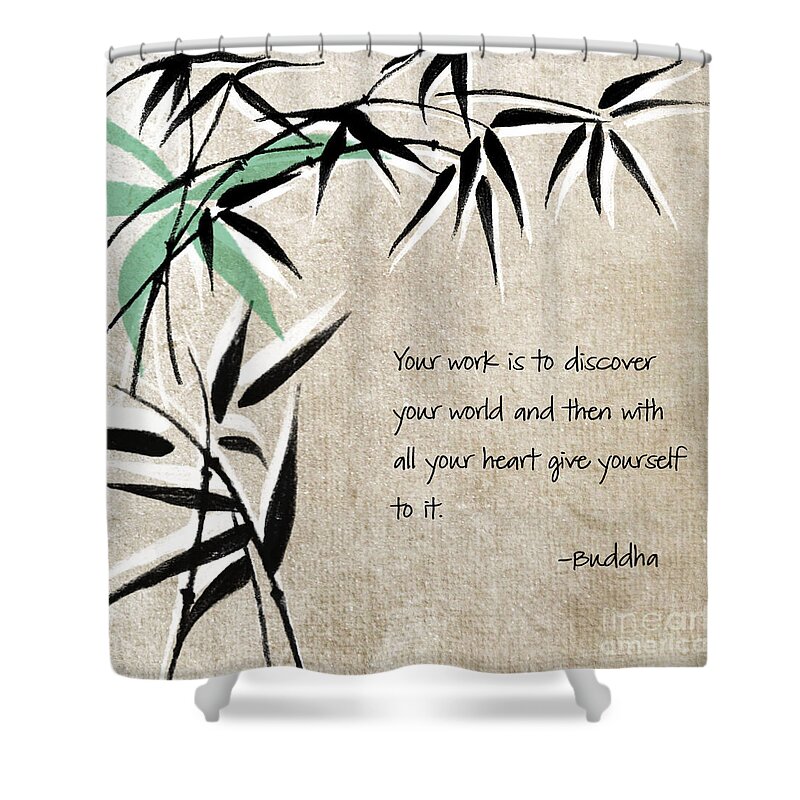 Zen Shower Curtain featuring the mixed media Discover Your World by Linda Woods