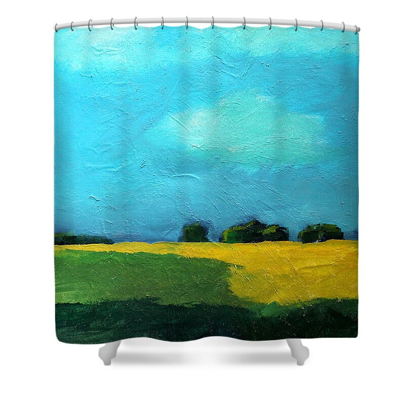Semi Abstract Landscape Painting Shower Curtain featuring the painting Distance by Nancy Merkle