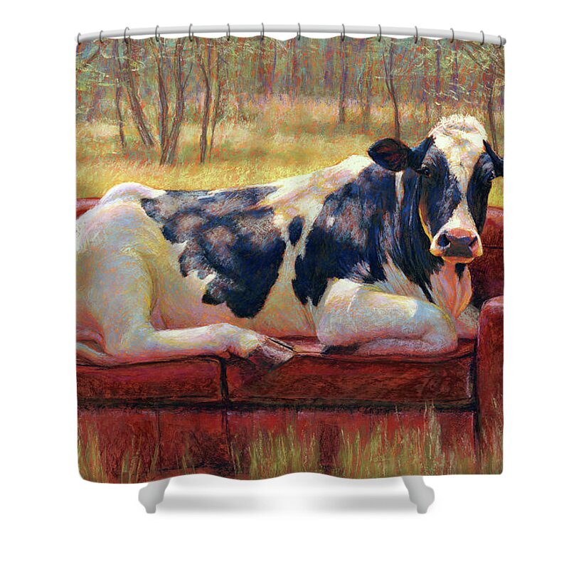 Cow Holstein Woods Landscape Animals Goddess Sunlight Bovine Pastel Black White Shower Curtain featuring the pastel Diva Bovina by Rita Kirkman