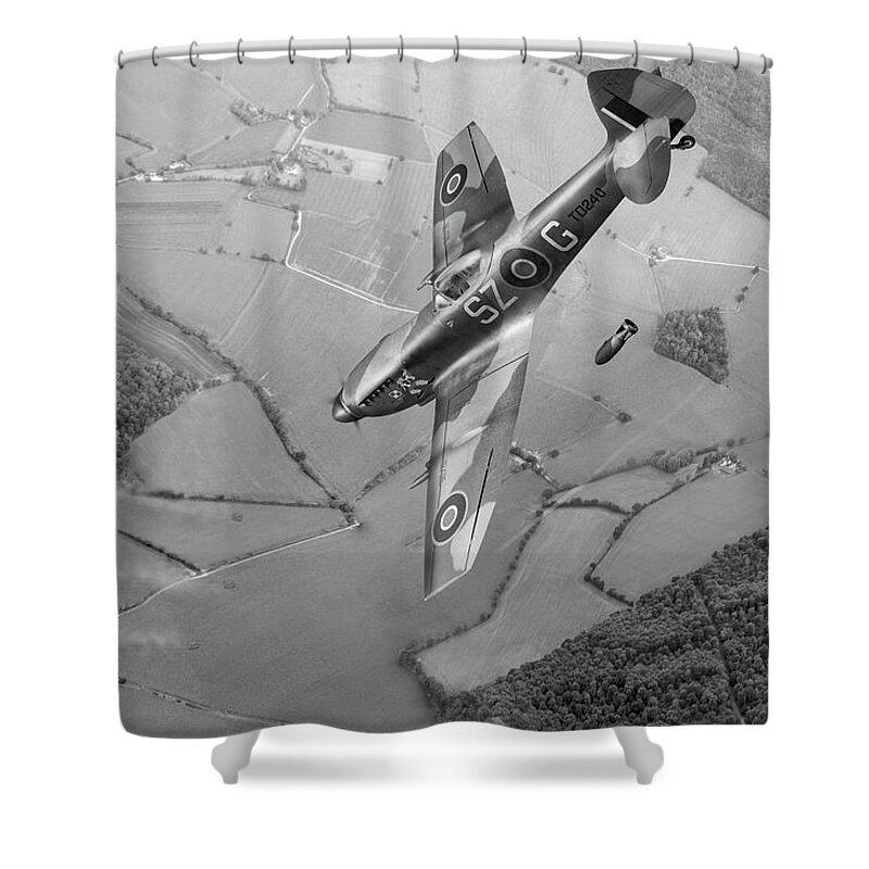 Gp Capt Aleksander Gabszewicz Shower Curtain featuring the photograph Dive bombing Spitfire BW version by Gary Eason