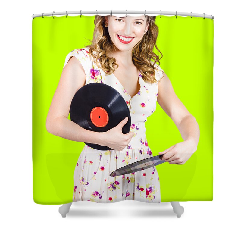 Spinning Shower Curtain featuring the photograph DJ disco pin-up girl rocking out to retro vinyl by Jorgo Photography