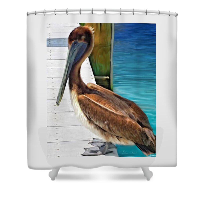 Pelican Shower Curtain featuring the painting Dockside Pelican by Barbara Chichester