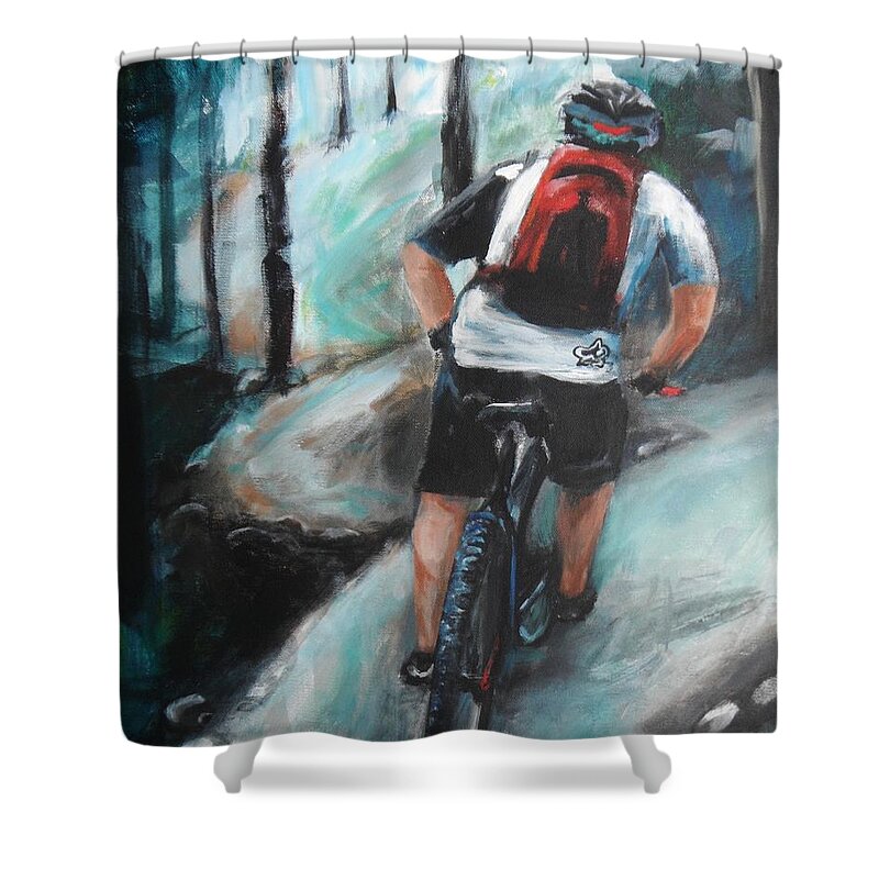 Bicycle Shower Curtain featuring the painting Dodging Trees by Donna Tuten
