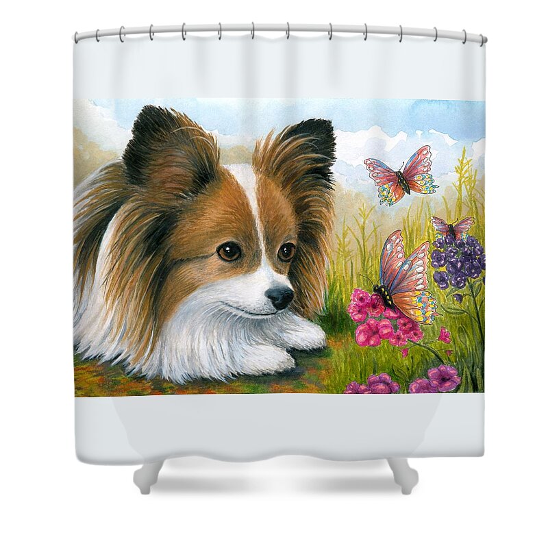 Dog Shower Curtain featuring the painting Dog 123 Papillon by Lucie Dumas