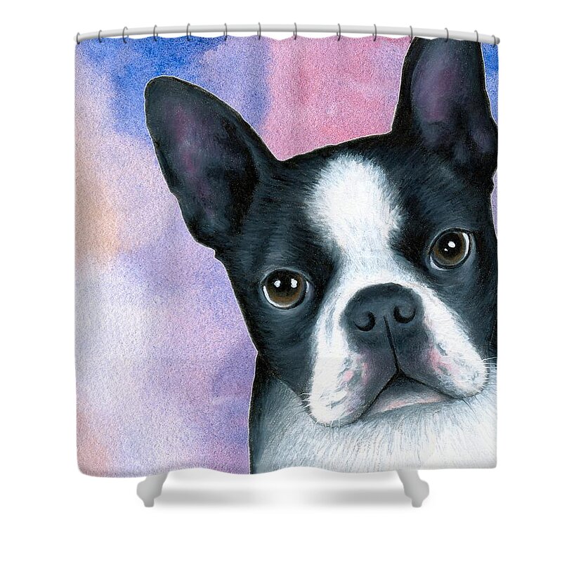 Dog Shower Curtain featuring the painting Dog 128 Pink Blue by Lucie Dumas