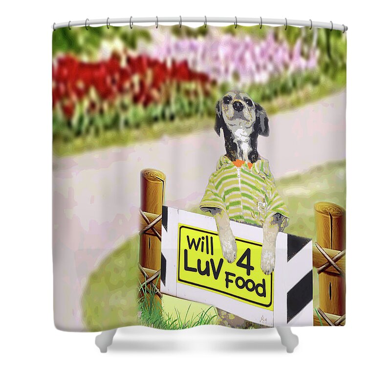 Dog Shower Curtain featuring the mixed media Dog Love - Will Love for Food - Tuinki by Gabby Dreams