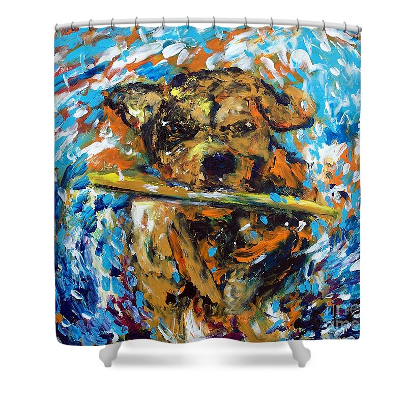 Finger Painting Shower Curtain featuring the painting Dog with a stick by Lidija Ivanek - SiLa