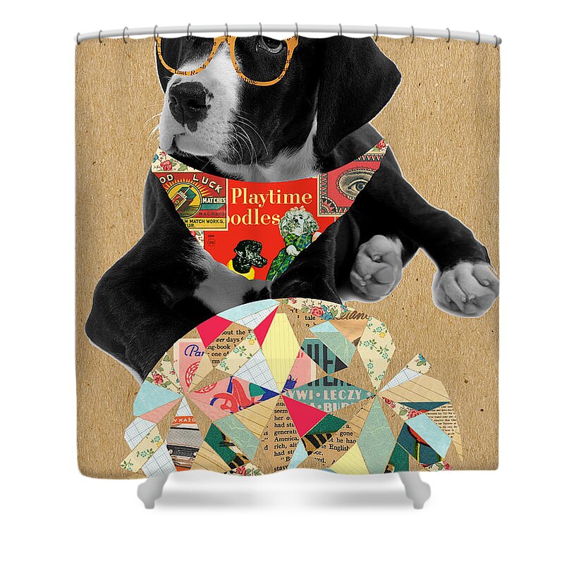 Dog Shower Curtain featuring the mixed media Dog with Ball by Claudia Schoen