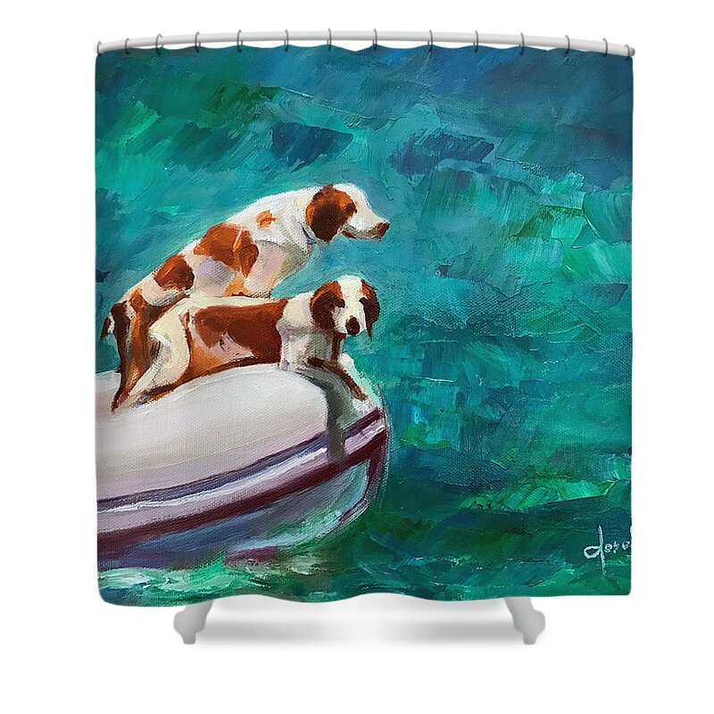 Hope Town Shower Curtain featuring the painting Doggy Boat Ride by Josef Kelly