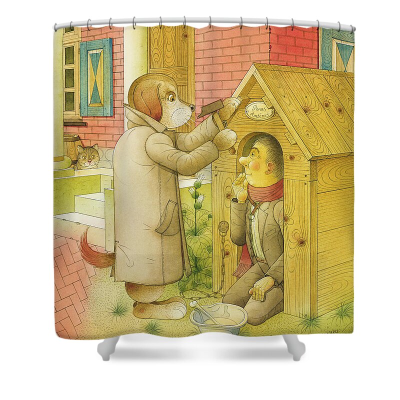 Dog Life Animals House Illustration Children Book Story Lifestyle Shower Curtain featuring the painting Dogs Life05 by Kestutis Kasparavicius