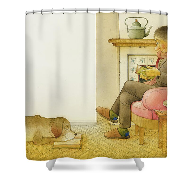 Dog Life Lifestyle Room Apartments Armchair Book Reading Illustration Children Drawing Animals Apples Shower Curtain featuring the painting Dogs Life13 by Kestutis Kasparavicius