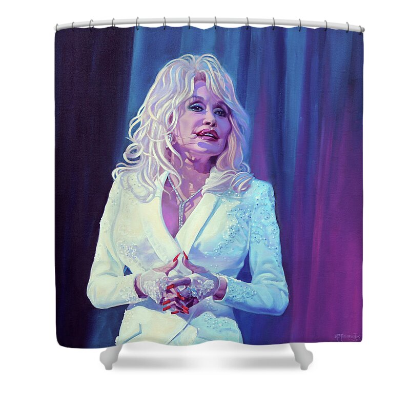 Dolly Parton Painting Shower Curtain featuring the painting Little Sparrow - Dolly Parton by Maria Modopoulos