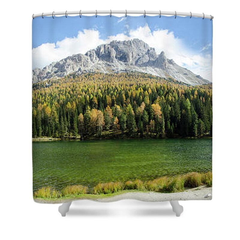 Dolamite Mountains Shower Curtain featuring the photograph Dolomite Mountain Lake Panaorama by Richard Henne