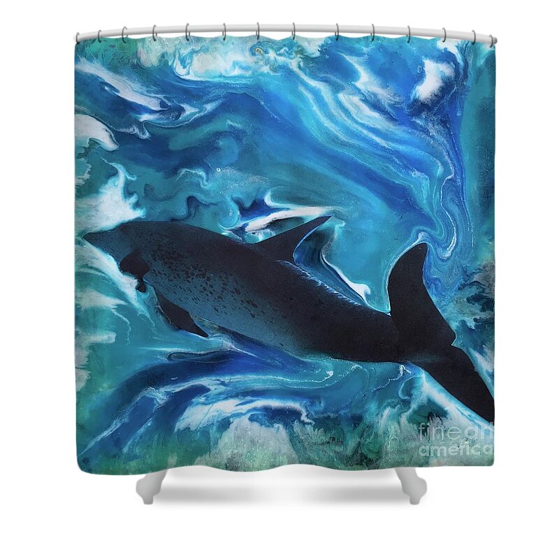 Fish Shower Curtain featuring the painting Dolphin dance by Maria Karlosak