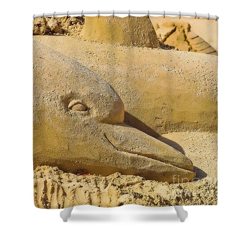 Wide Shower Curtain featuring the photograph Dolphin Sand Castle Sculpture on the Beach 799 by Ricardos Creations
