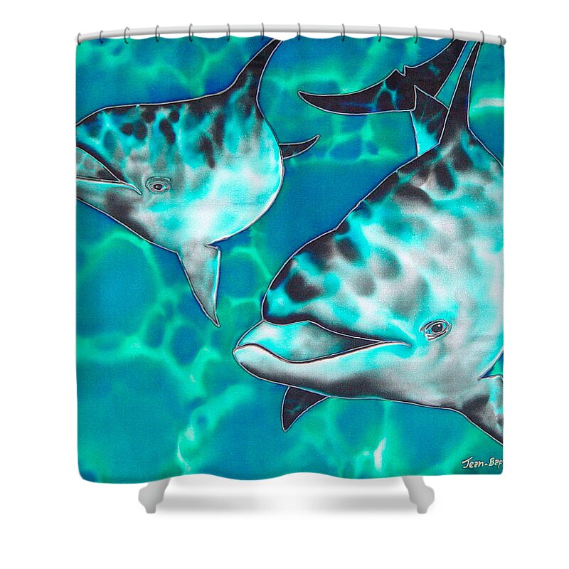Dolphin Painting Shower Curtain featuring the painting Dolphins of Sanne Bay by Daniel Jean-Baptiste