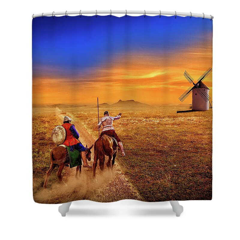 Quixote Shower Curtain featuring the digital art Don Quixote and the Windmills by Charlie Roman