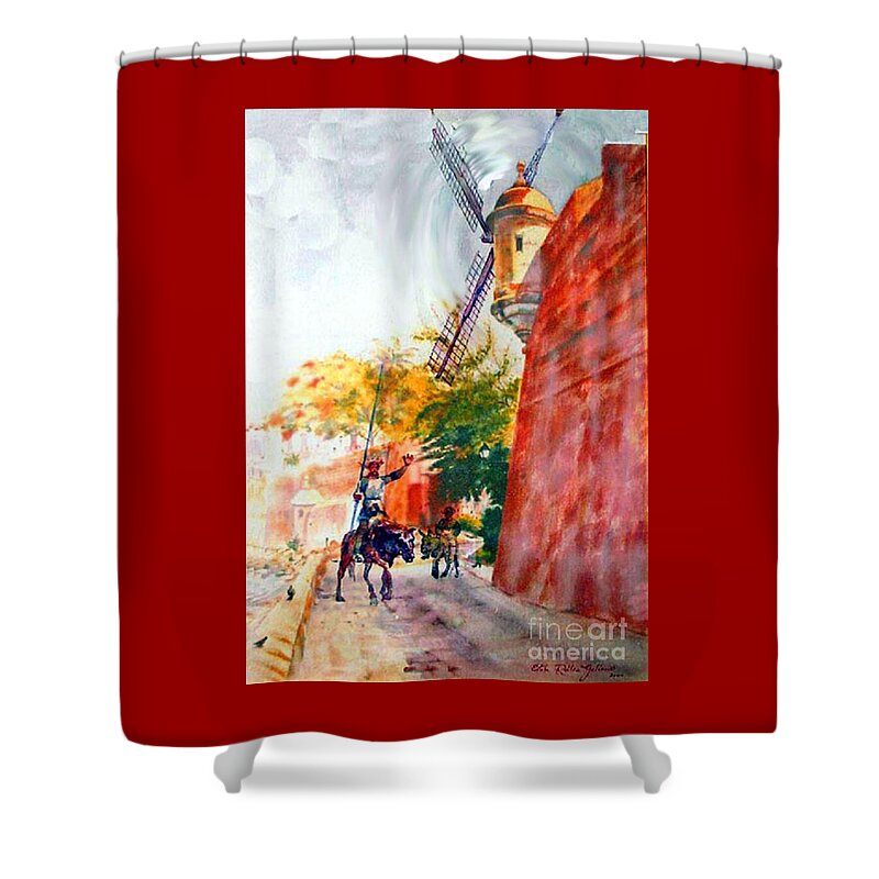 Old San Juan Prints Shower Curtain featuring the painting Don Quixote in San Juan by Estela Robles