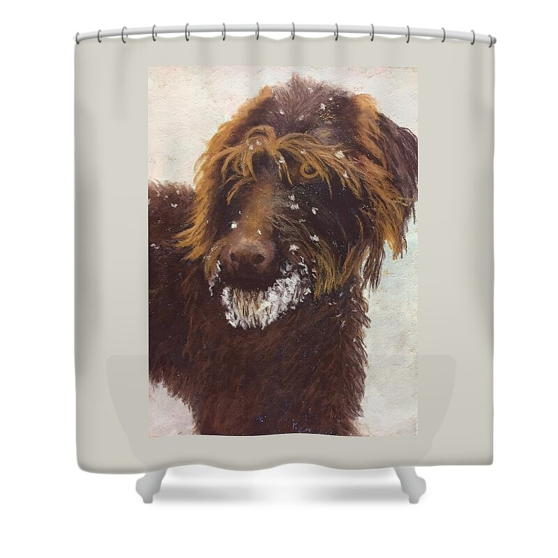 Snow Shower Curtain featuring the painting Don't Eat the Snow by Nancy Jolley